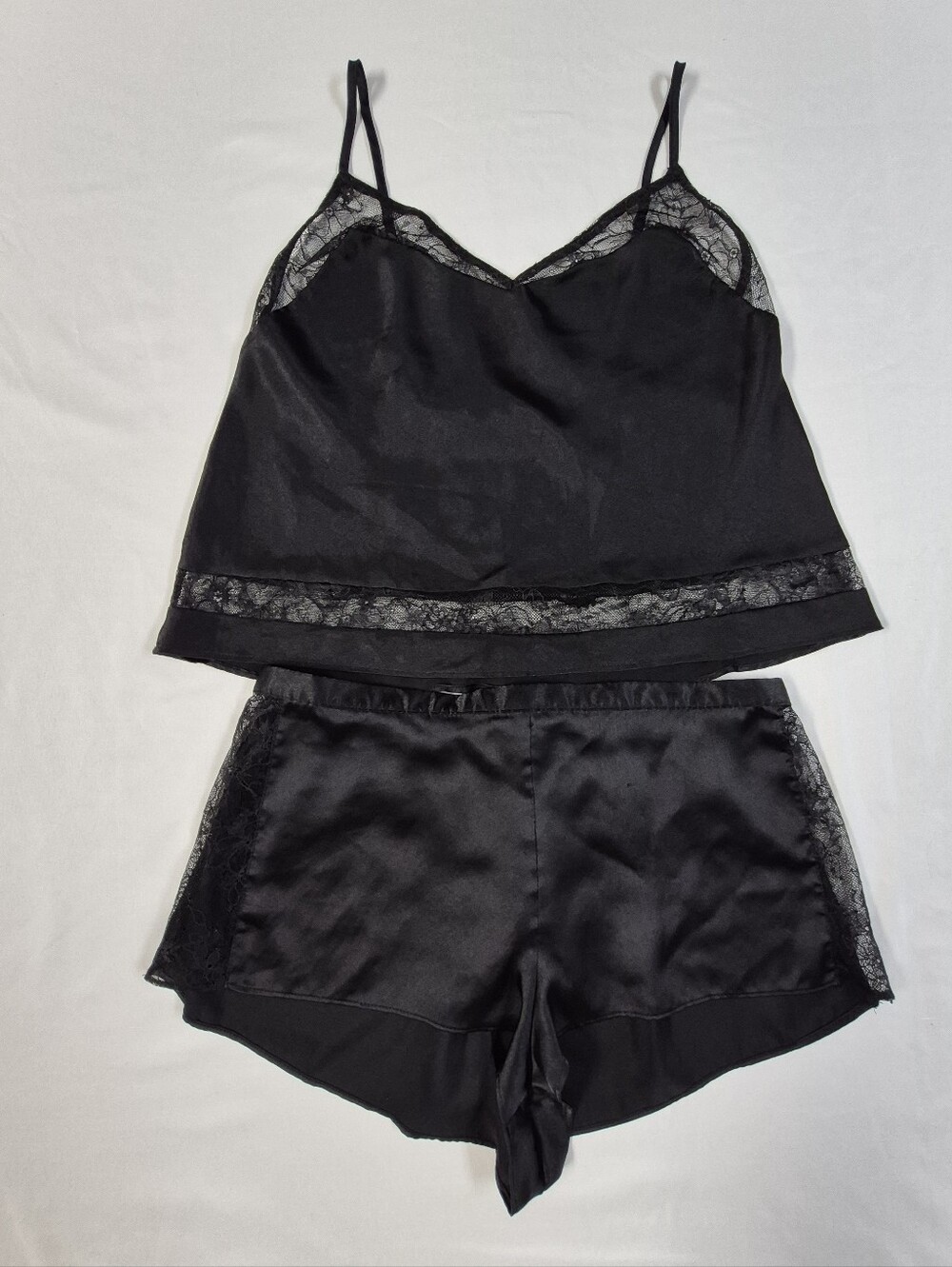 Victoria's Secret Small Black Satin Lace Pajama Set Cami Top With Shorts